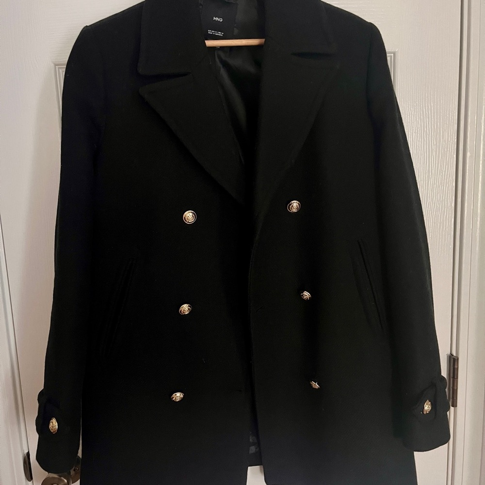 Mango Black Double-Breasted Italian Wool Coat with Gold Buttons